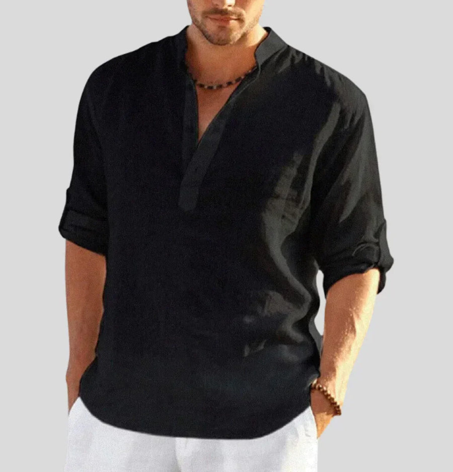 Men's Linen Shirt with Band Collar and Half Placket