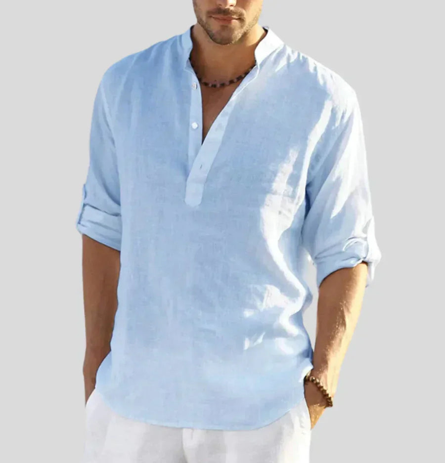 Men's Linen Shirt with Band Collar and Half Placket