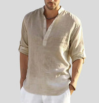 Men's Linen Shirt with Band Collar and Half Placket