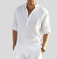 Men's Linen Shirt with Band Collar and Half Placket