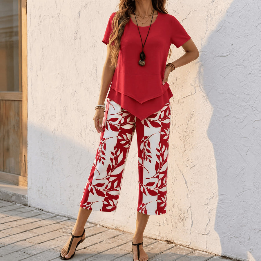 Merewyn Women's Two-Piece Tunic and Wide Leg Pants Set in Red