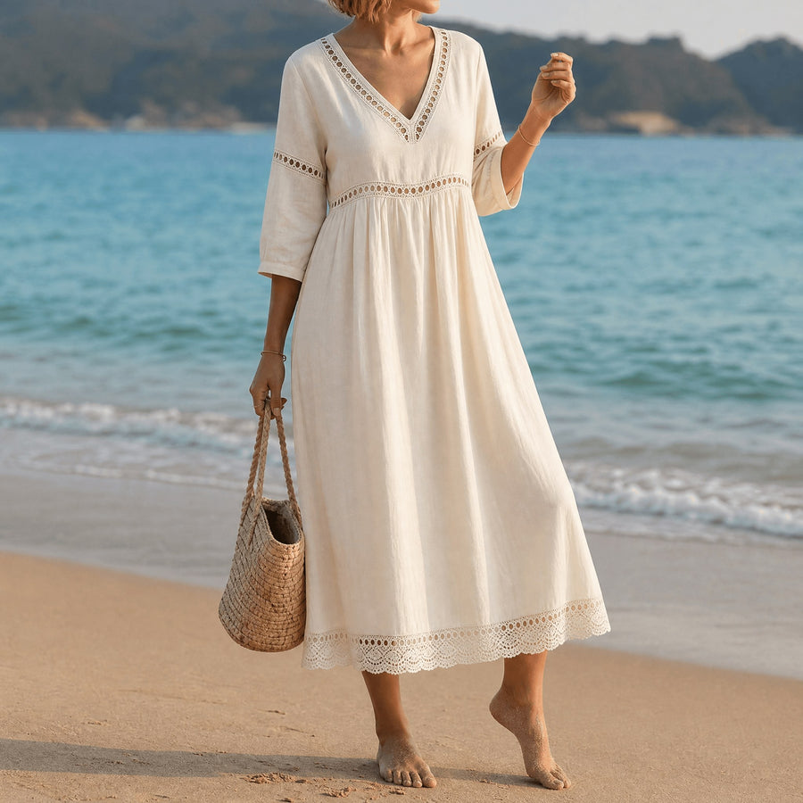 Meridian Women's Crochet Trim Midi Dress in Cream