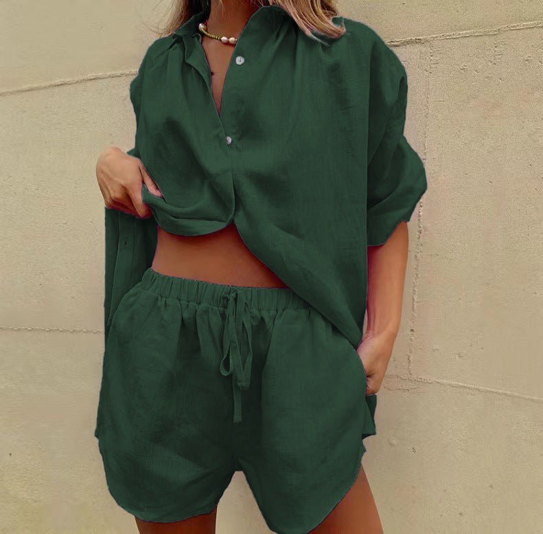 Mia Airy Linen Blouse in Dark Green