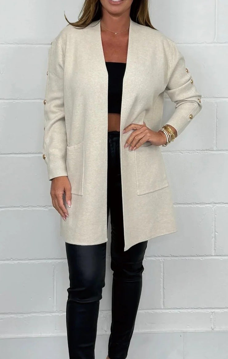 Mia Elegant Knit Cardigan with Pockets in Apricot