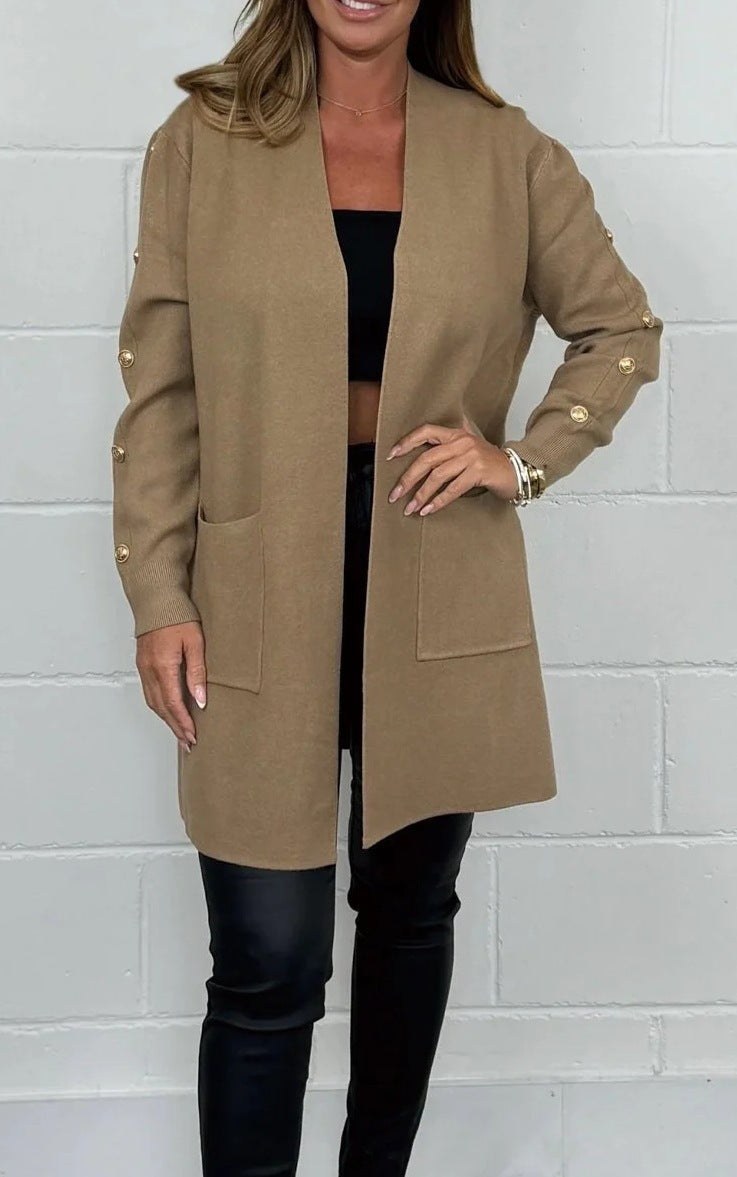 Mia Elegant Knit Cardigan with Pockets in Khaki