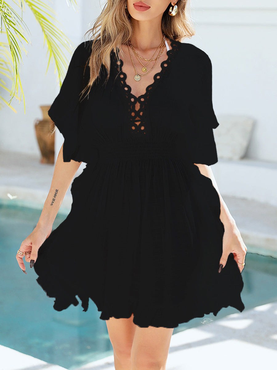 Michaela Linen Dress with Elastic Waist in Black