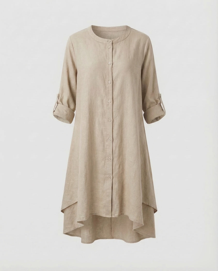 Mila Linen Dress with Stand Collar in Black