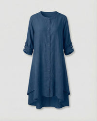Mila Linen Dress with Stand Collar in Blue