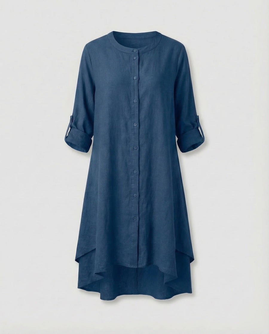 Mila Linen Dress with Stand Collar in Blue