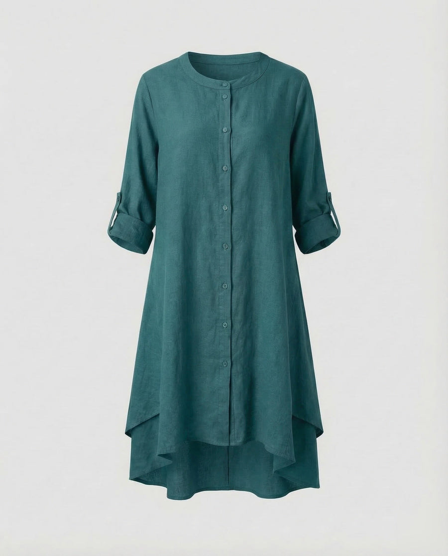 Mila Linen Dress with Stand Collar in Green