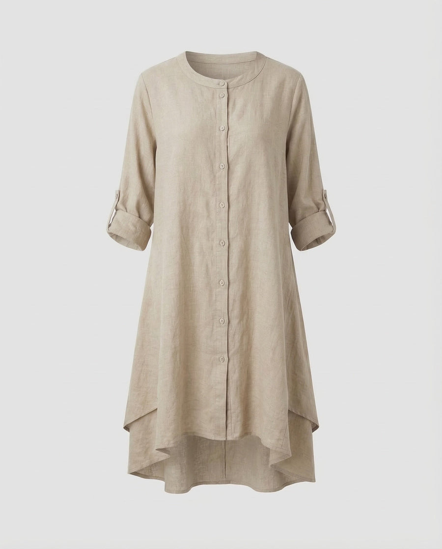Mila Linen Dress with Stand Collar in Grey