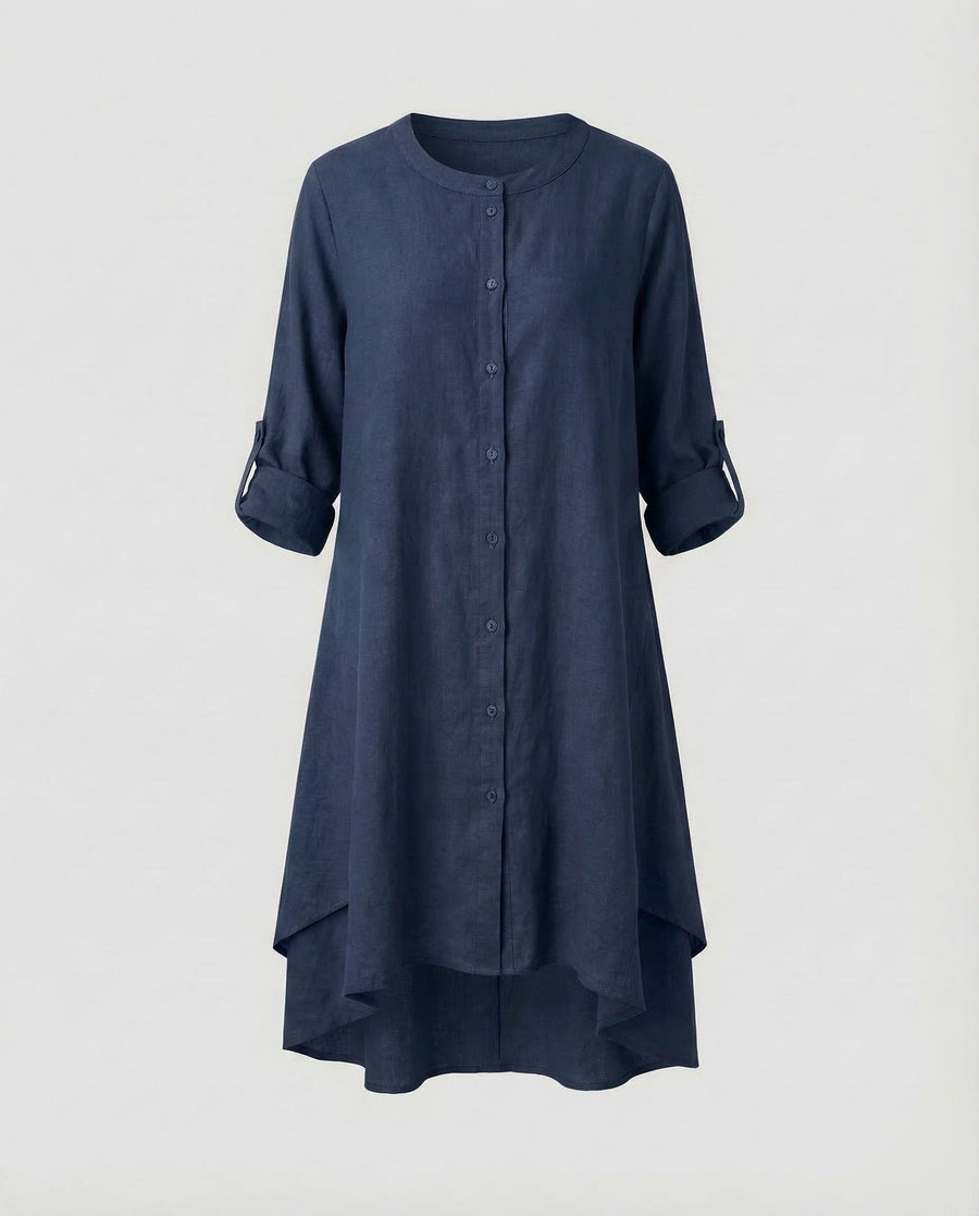Mila Linen Dress with Stand Collar in Navy