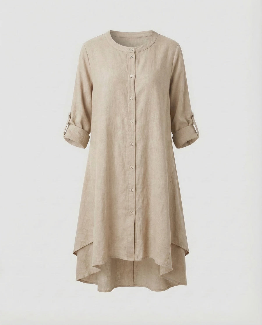 Mila Linen Dress with Stand Collar in Orange