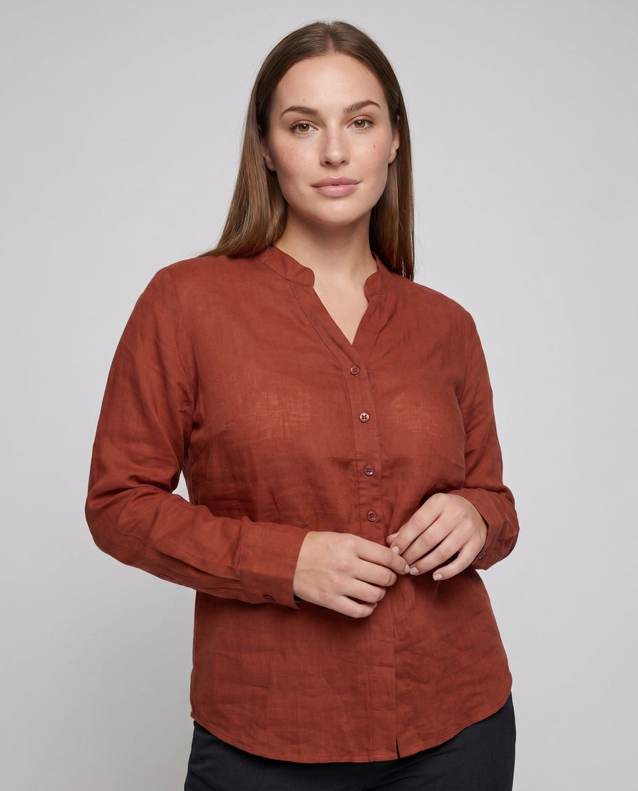 Mila Relaxed Linen Blouse with V-Neck and Button Front
