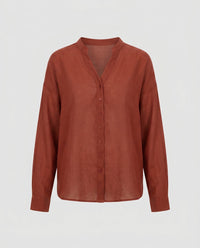 Mila Relaxed Linen Blouse with V-Neck and Button Front in Orange