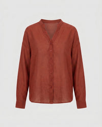 Mila Relaxed Linen Blouse with V-Neck and Button Front in Red