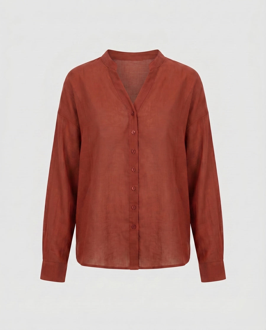 Mila Relaxed Linen Blouse with V-Neck and Button Front in Red