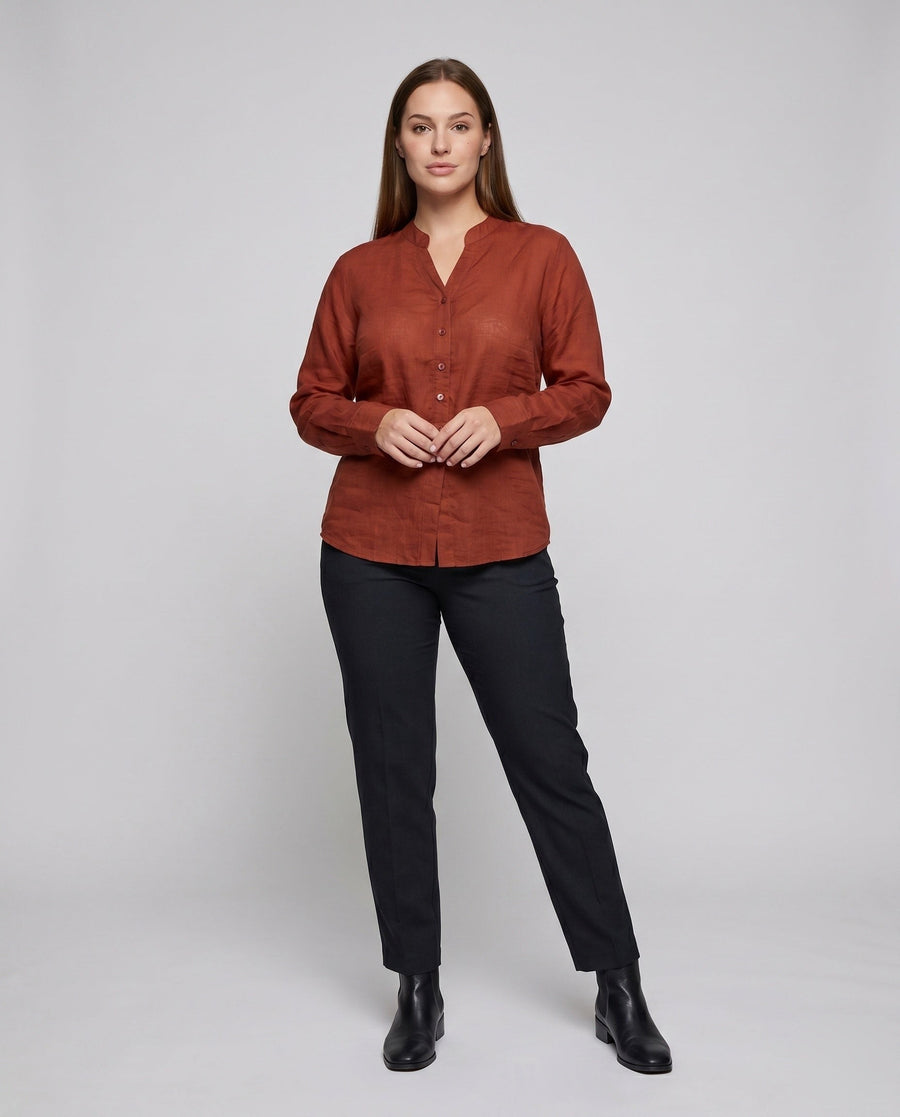 Mila Relaxed Linen Blouse with V-Neck and Button Front