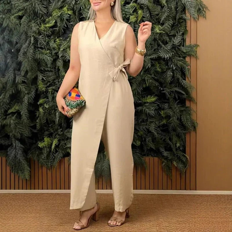 Mila Women's V-Neck Wrap Jumpsuit Sleeveless Tie Waist in Beige