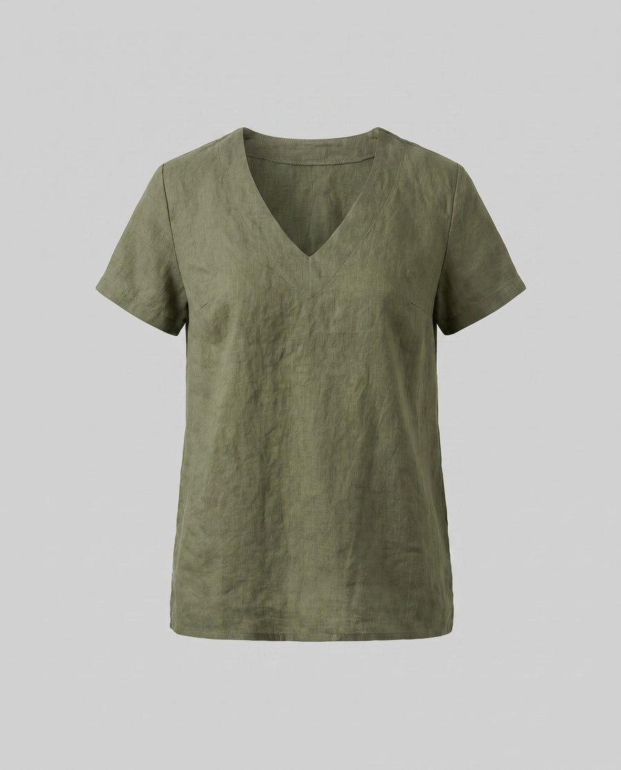 Mina Casual Linen Top with V-Neck in Linen