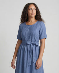 Mina Linen Maxi Dress with Belted in Blue