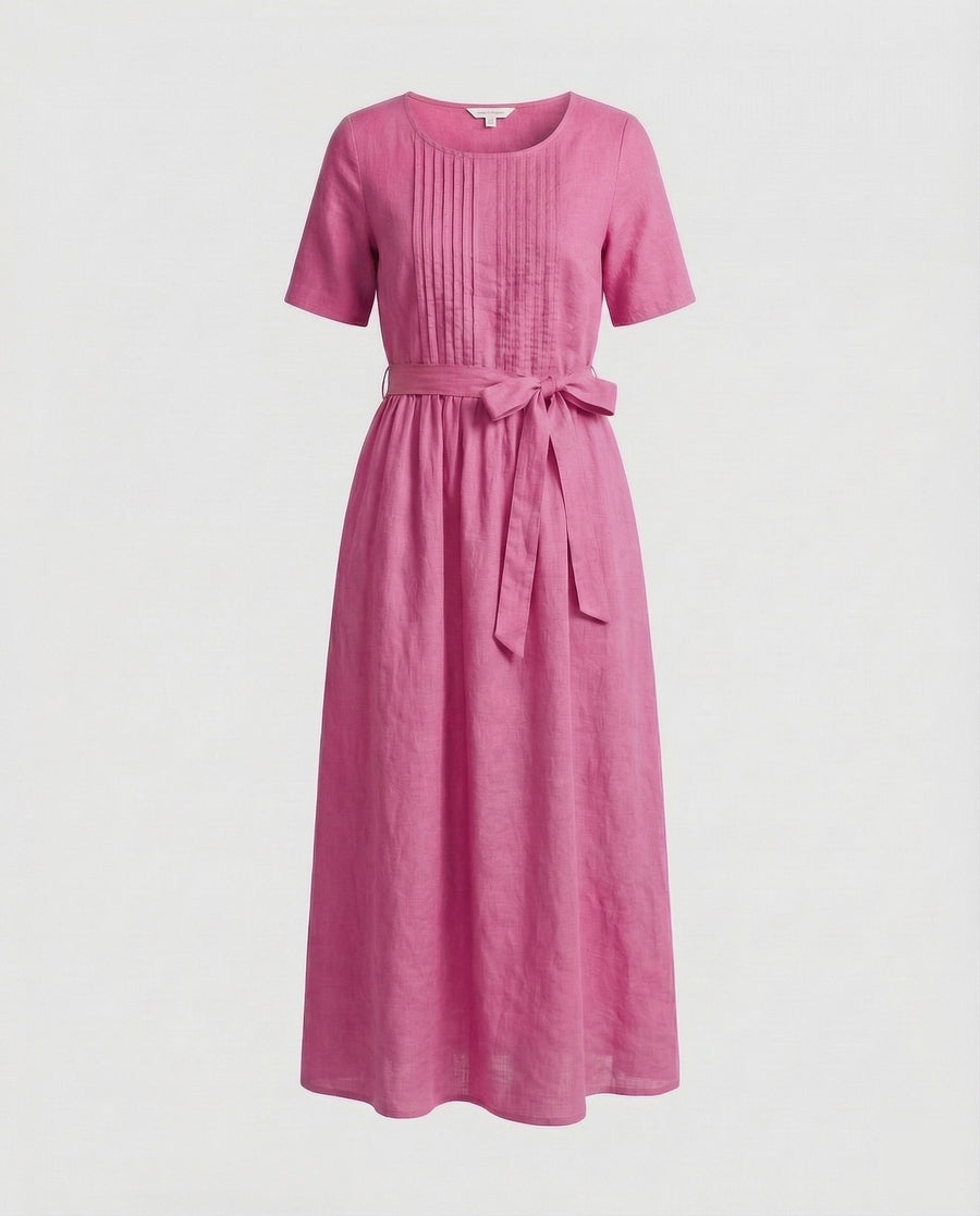 Mina Linen Maxi Dress with Belted in Blue