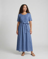 Mina Linen Maxi Dress with Belted in Blue