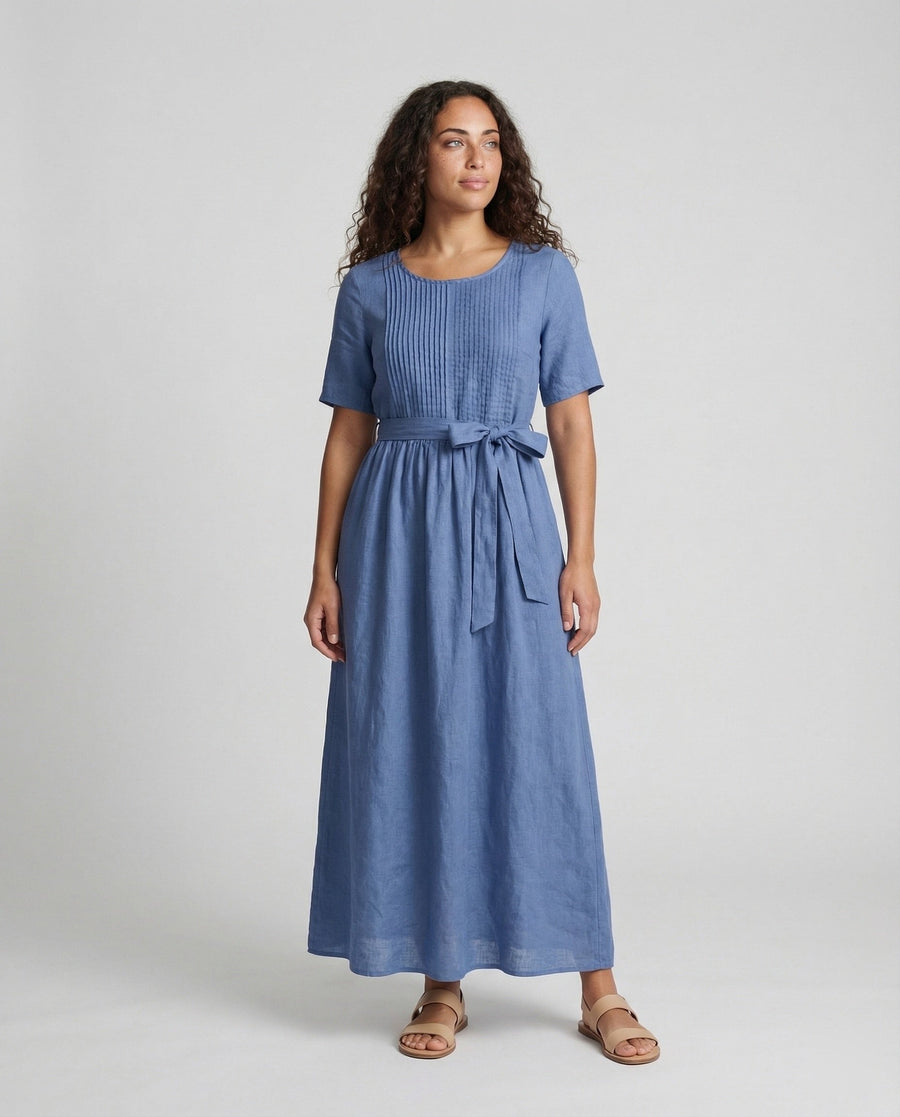 Mina Linen Maxi Dress with Belted in Blue