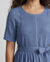 Mina Linen Maxi Dress with Belted in Blue