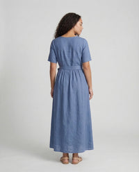 Mina Linen Maxi Dress with Belted in Blue