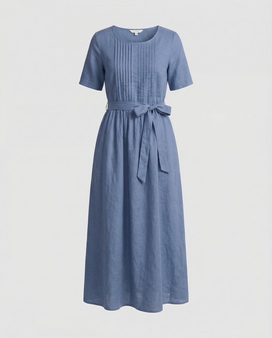 Mina Linen Maxi Dress with Belted in Blue