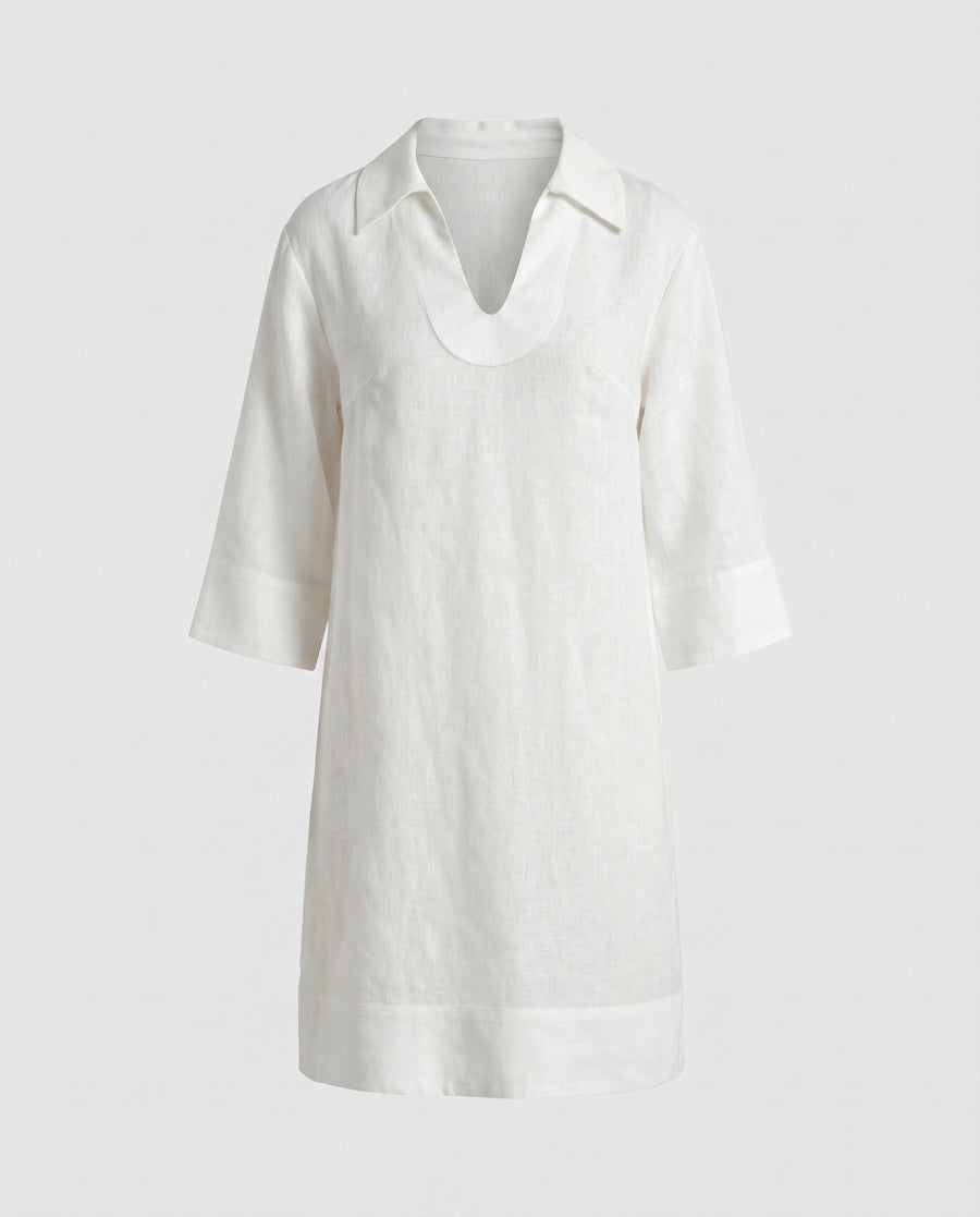 Mirabel Linen Dress with V-Neck in White