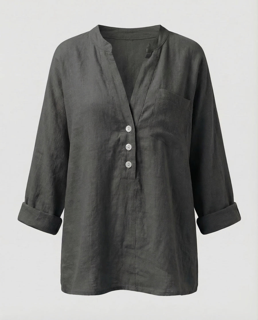 Mirabel Linen Shirt with Button Front in Black