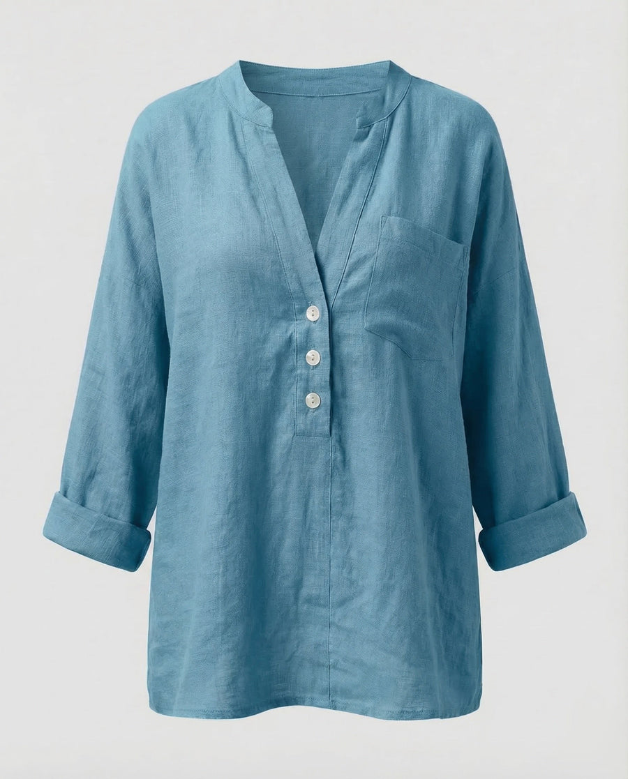 Mirabel Linen Shirt with Button Front in Blue