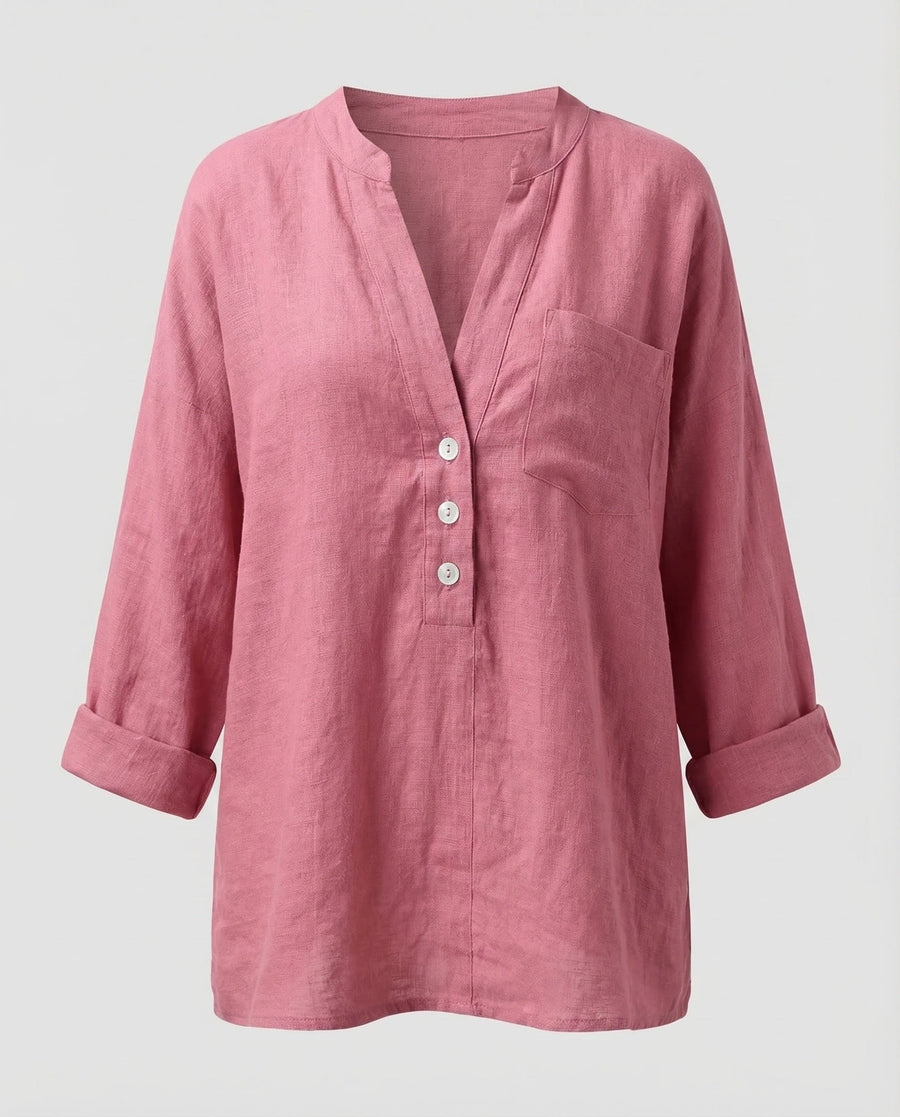 Mirabel Linen Shirt with Button Front in Red
