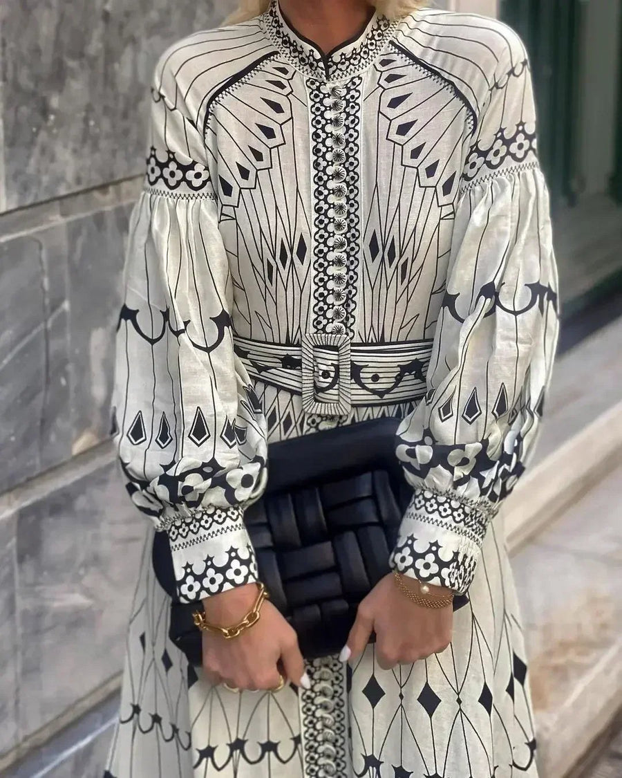 Mirabel™ Elegant Retro Pattern Print A-Line Dress in Beige