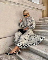 Mirabel™ Elegant Retro Pattern Print A-Line Dress in Beige
