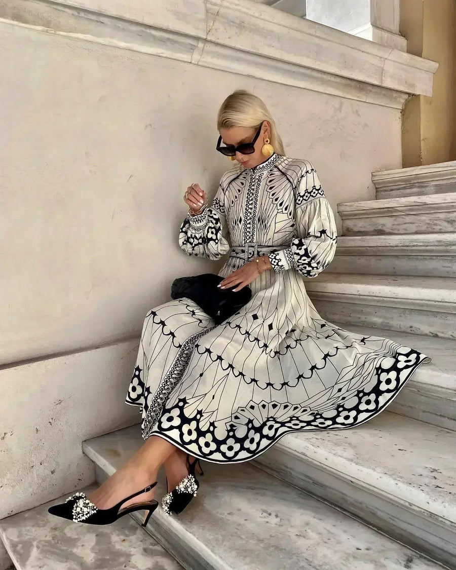 Mirabel™ Elegant Retro Pattern Print A-Line Dress in Beige