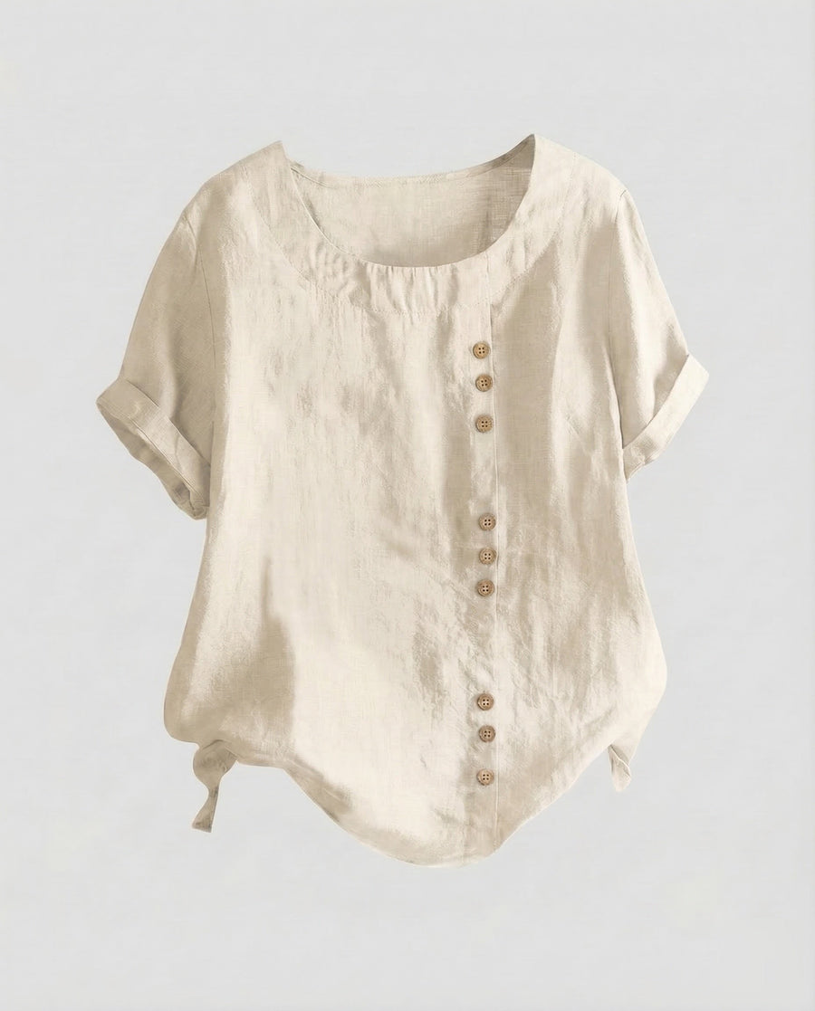 Miranda Linen Blouse with Button Front in Beige