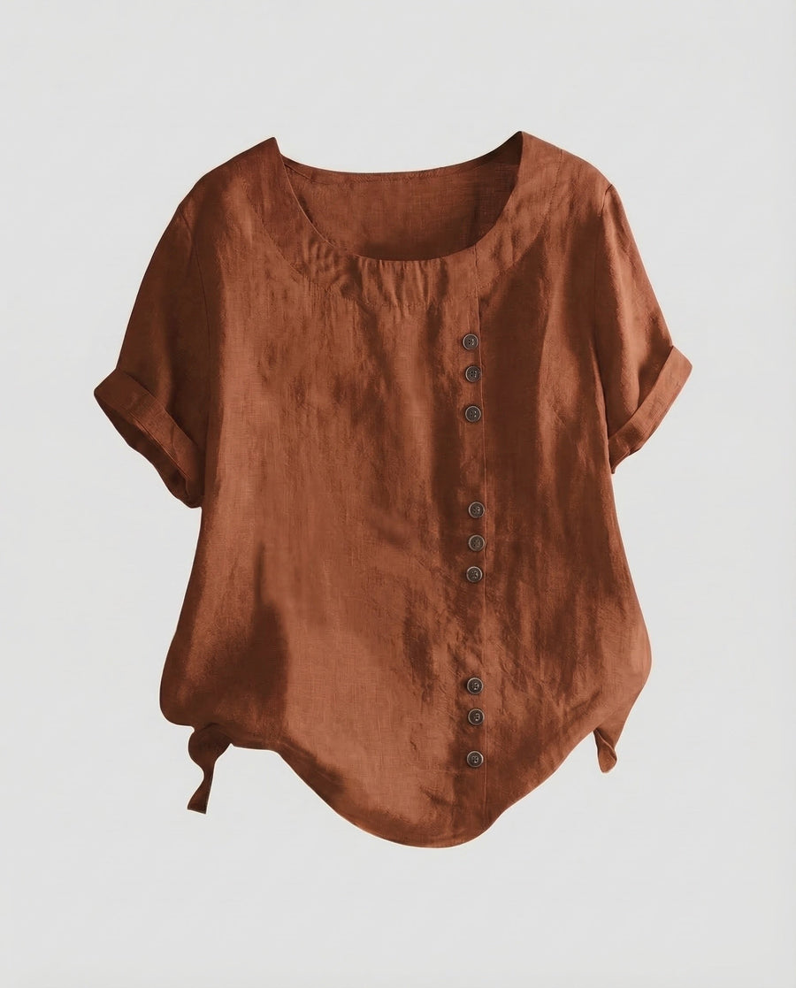 Miranda Linen Blouse with Button Front in Brown