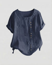 Miranda Linen Blouse with Button Front in Navy