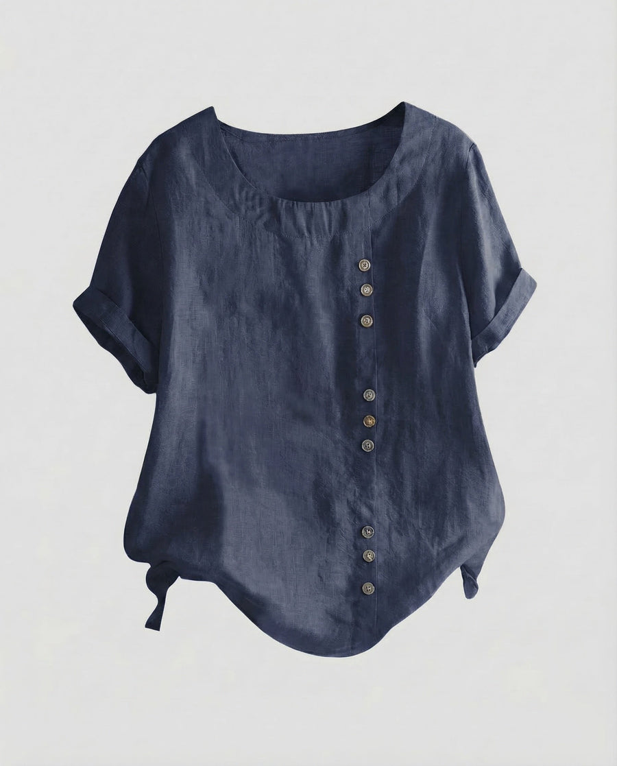Miranda Linen Blouse with Button Front in Navy