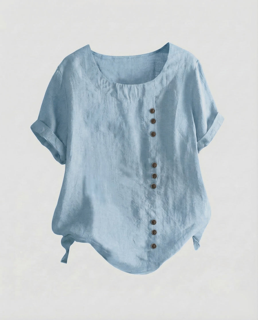 Miranda Linen Blouse with Button Front in Sky Blue