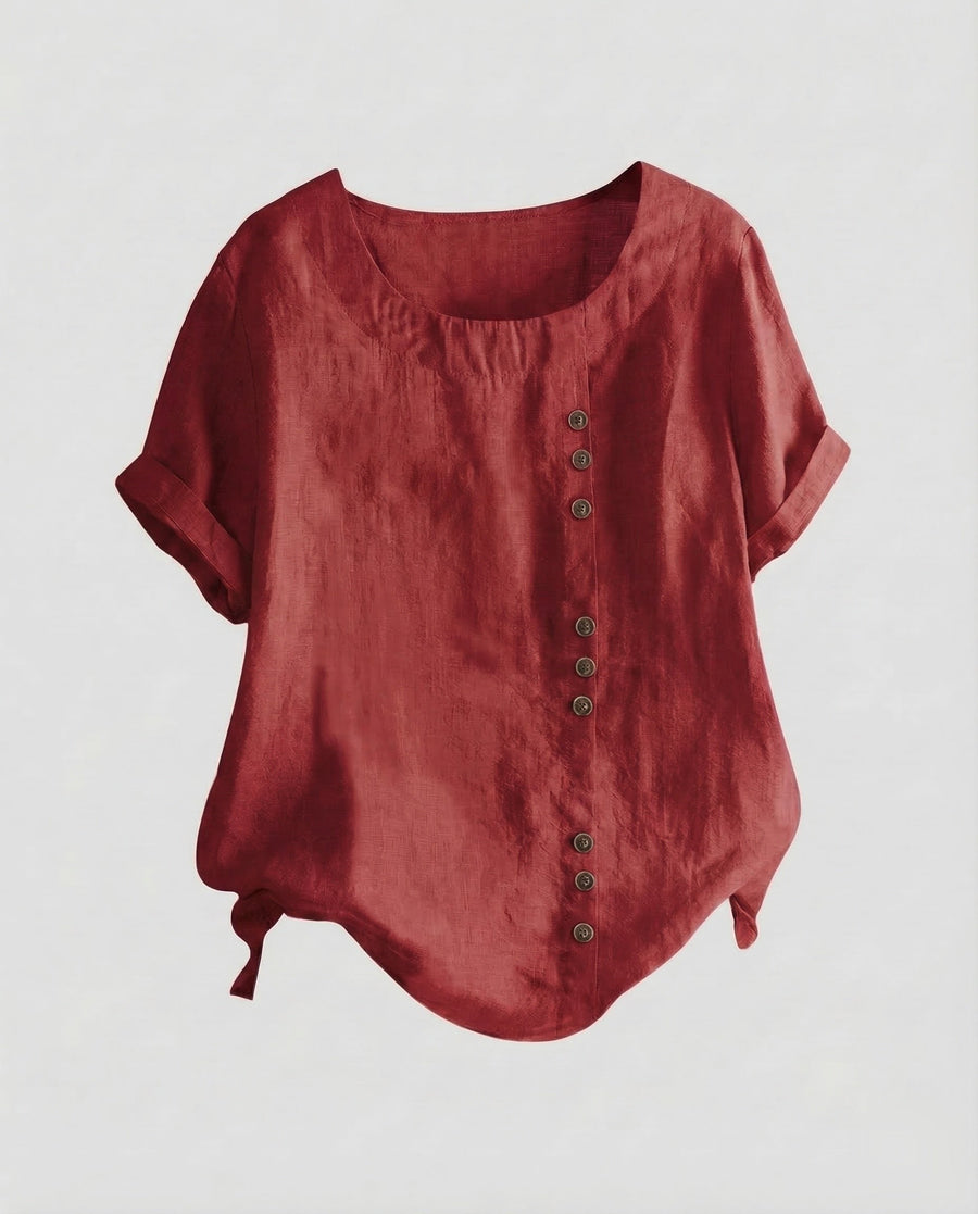 Miranda Linen Blouse with Button Front in Wine Red