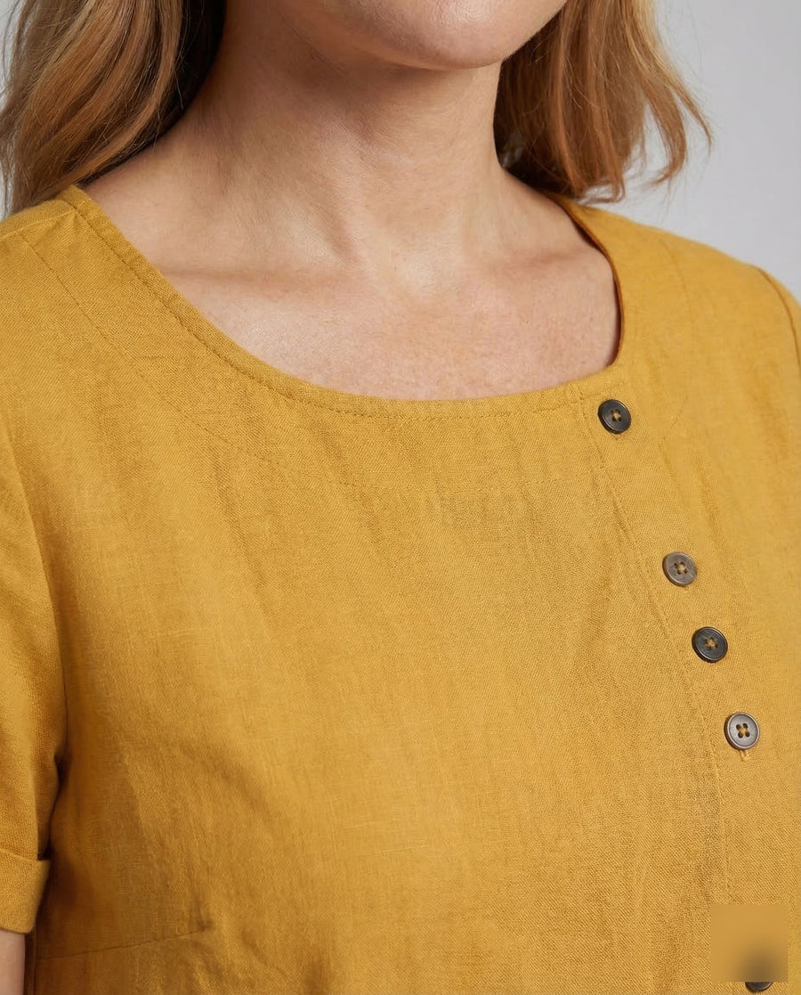 Miranda Linen Blouse with Button Front in Yellow