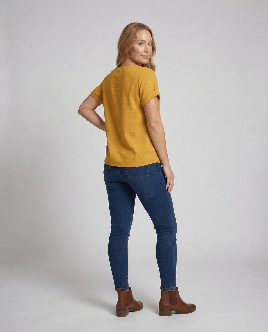 Miranda Linen Blouse with Button Front in Yellow