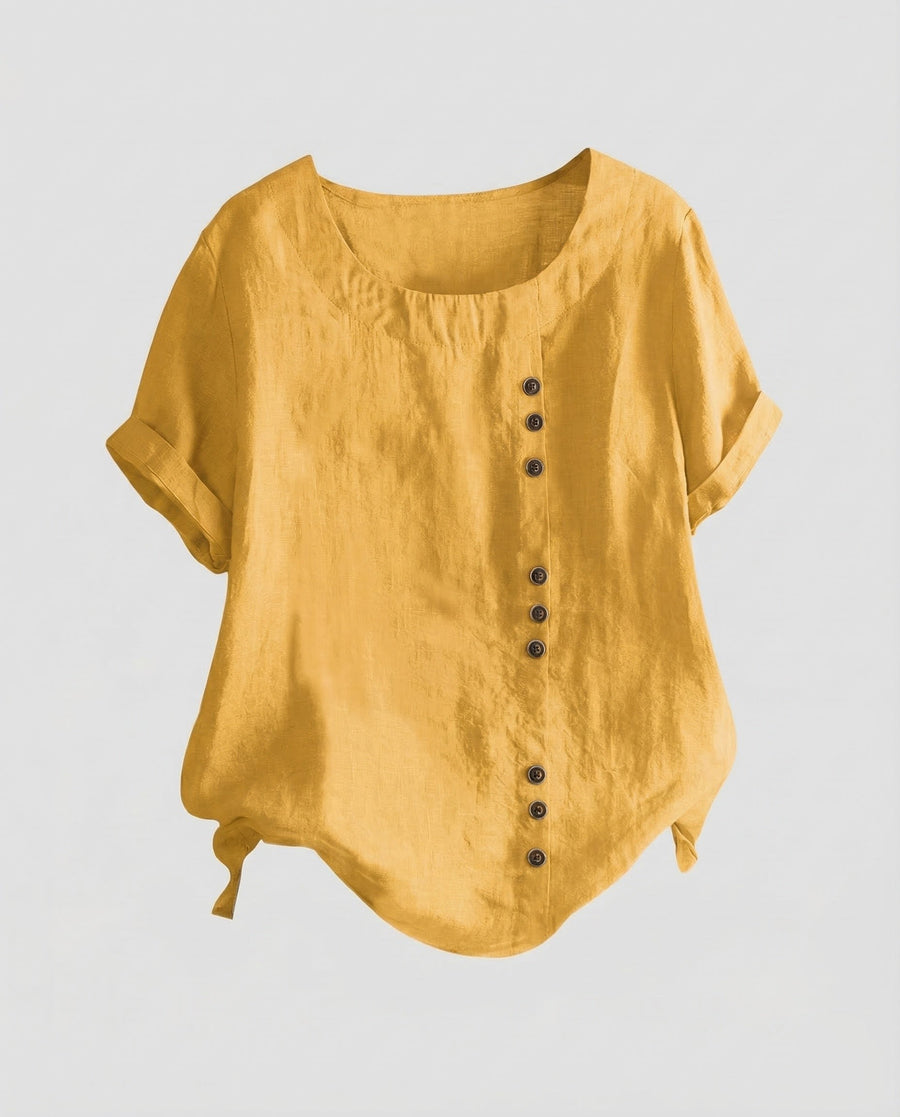 Miranda Linen Blouse with Button Front in Yellow
