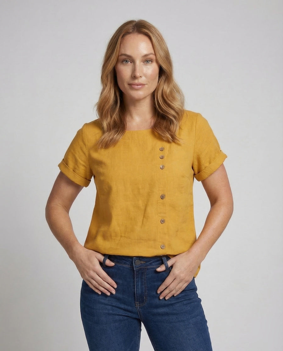 Miranda Linen Blouse with Button Front in Yellow