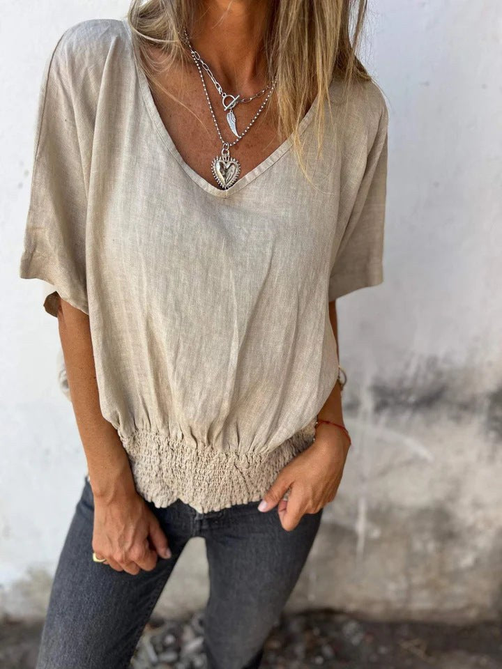 Mireille Casual Blouse with Elastic Waist and Oversized in Apricot