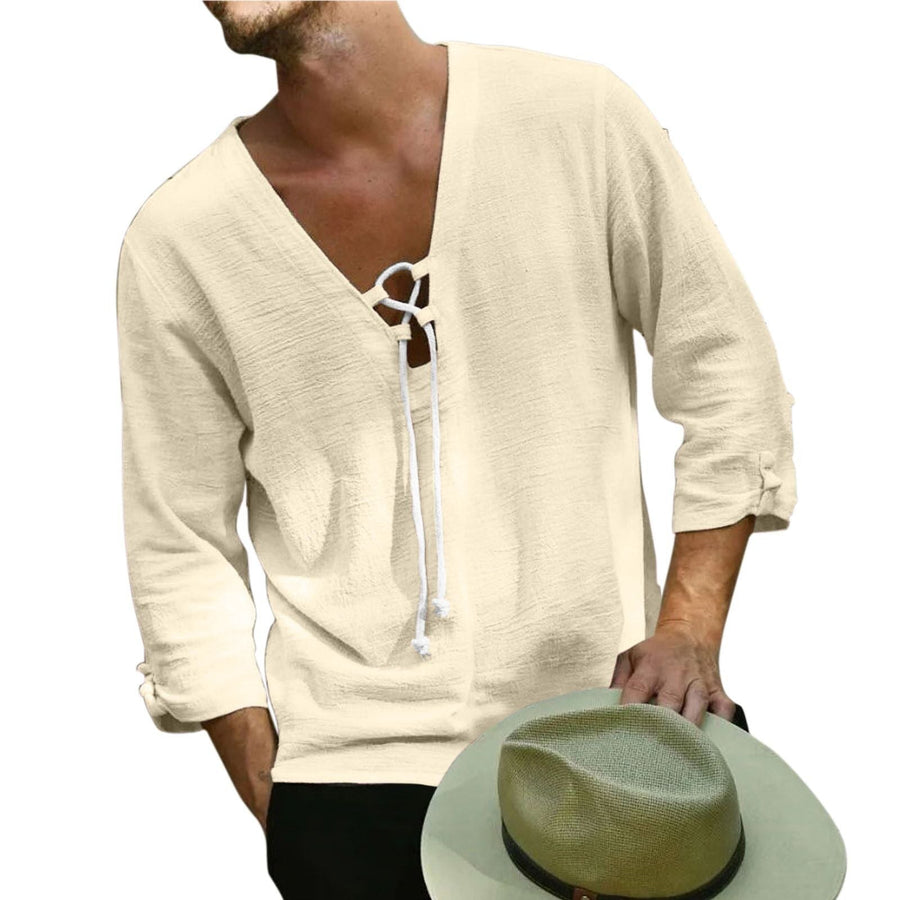 Mirko Casual Linen Blouse with V-Neck in Apricot